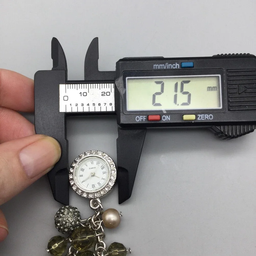 Beaded Charm Bracelet Womens Watch 22mm Silver Tone White Dial Crystal Bezel 8